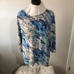 XL Petite JM Collections Blue Green White Brown Blouse C5270
